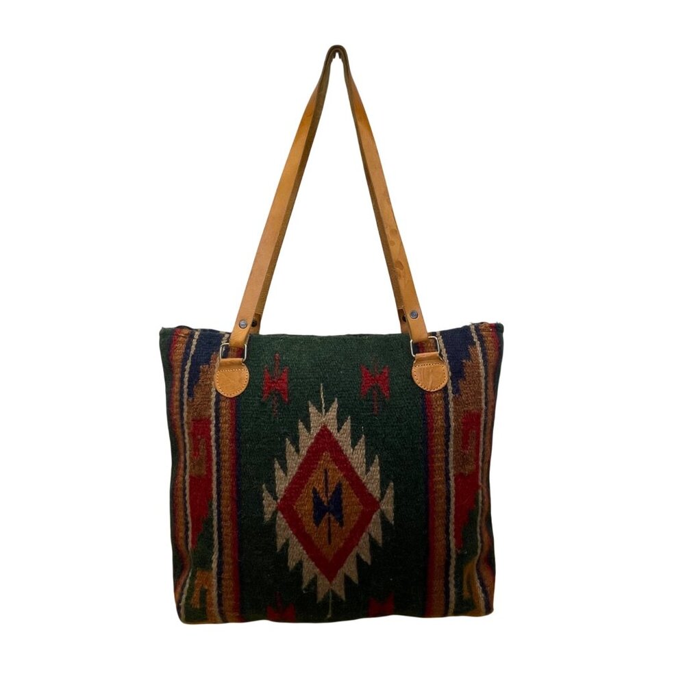 Handcrafted Women’s Green Woven Southwestern Boho With Leather Straps Tote Bag - Picture 1 of 8